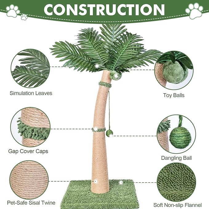 Palm Tree Cat Scratching Post, 36'' Cat Scratcher Post with Natural Sisal Rope, 3 Interactive Balls and Curved Design Scratching Posts for Indoor Cats Adults and Kittens, Multi-Combinable (Style B)