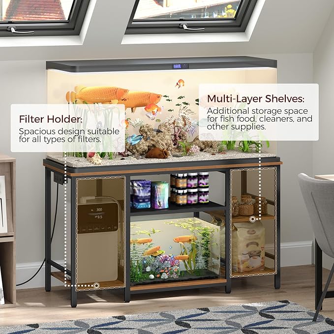 55-75 Gallon Fish Tank Stand with Power Outlet, 3-Tier Metal Frame Aquarium Stand, Heavy Duty Reptile Terrarium Tank Stand, 52.0"L x 19.7"W x 29.9"H, 800 LBS Capacity, Rustic Brown FTHR55E01