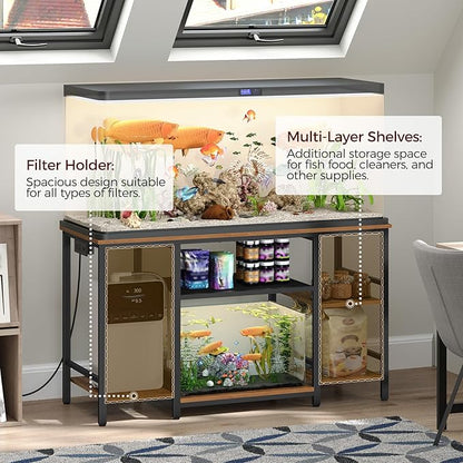 55-75 Gallon Fish Tank Stand with Power Outlet, 3-Tier Metal Frame Aquarium Stand, Heavy Duty Reptile Terrarium Tank Stand, 52.0"L x 19.7"W x 29.9"H, 800 LBS Capacity, Rustic Brown FTHR55E01