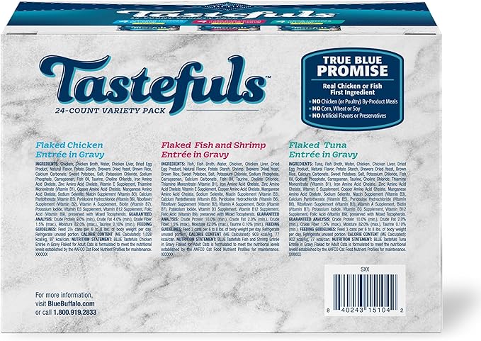 Blue Buffalo Tastefuls Flaked Wet Cat Food Variety Pack, Made with Natural Ingredients, Tuna, Chicken, Fish & Shrimp, 3-oz Cans (12 Count, 4 of Each)