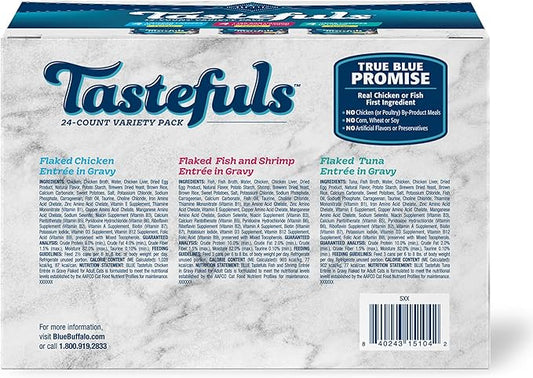 Blue Buffalo Tastefuls Flaked Wet Cat Food Variety Pack, Made with Natural Ingredients, Tuna, Chicken, Fish & Shrimp, 3-oz Cans (12 Count, 4 of Each)