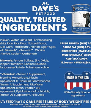 Dave's Pet Food Bland Diet Dog Food (Chicken & Rice), Sensitive Stomach, Easy to Digest, Gluten-Free, Digestive Care, Wet Canned, 13.2 oz (Case of 12)