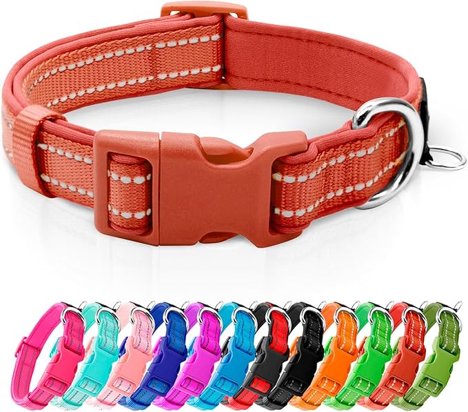azuza Reflective Dog Collar, Soft Neoprene Padded Pet Collar with ID Tag Ring, Adjustable for Medium Dogs,Rust Red,M