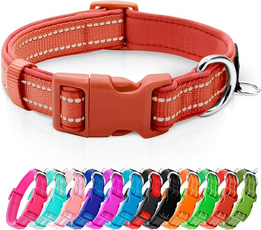 azuza Reflective Dog Collar, Soft Neoprene Padded Pet Collar with ID Tag Ring, Adjustable for Puppy and Small Dogs,Rust Red,XS