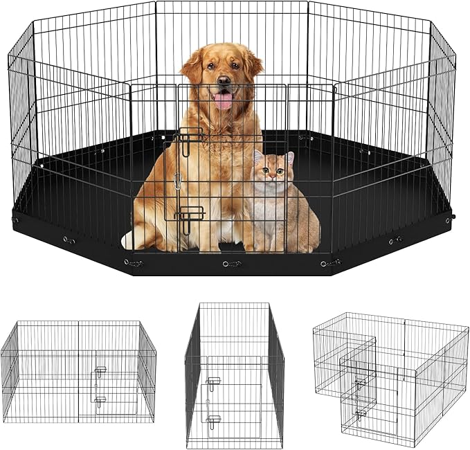 VEVOR Foldable Metal Dog Exercise Pen, Pet Playpen Dog Fence for Camping with Bottom Pad, 24" H 8 Panels, Puppy Crate Kennel Indoor Outdoor for Small & Medium Dogs, Both for Home & Yard Use