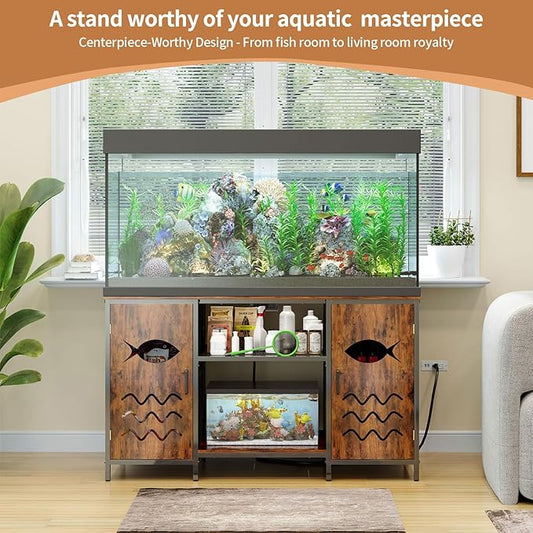 55-75 Gallon Fish Tank Stand with Power Outlet, 48 Inch Aquarium Stand with Cabinet and Shelf, Heavy Duty Metal Rack for Turtle Tank, Reptile Terrarium, 52.7''L×20''W×30.7''H, Retro Brown