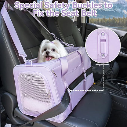 PETSFIT Soft-Sided Cat Carriers & Car Seats with Patent Safe Buckles, Clip-On Harness，19"x12"x12" Pet Travel Carrier - 20 lbs Capacity (Purple)