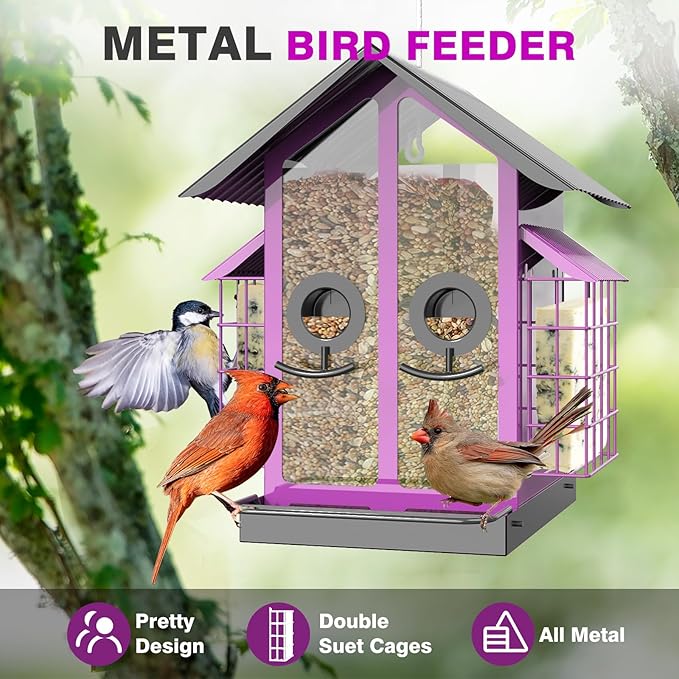 Bird Feeders for Outdoors, Metal Bird Feeder with Double Suet Cage Weatherproof Metal Roof, 2 in 1 Mixed Seeds Suet Feeder, 4Lbs Large Capacity, Great for Finch、Cardinal、Chickadee（Purple）