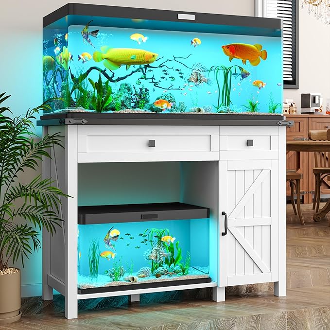 40 Gallon Fish Tank Stand with Power Outlets, Farmhouse Decorative Aquarium Stand Furniture with Adjustable Shelves and Drawer, Reptile Turtle Tank Stand with Cabinet Storage (White, 30-40GL)