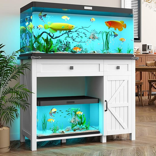 40 Gallon Fish Tank Stand with Power Outlets, Farmhouse Decorative Aquarium Stand Furniture with Adjustable Shelves and Drawer, Reptile Turtle Tank Stand with Cabinet Storage (White, 30-40GL)