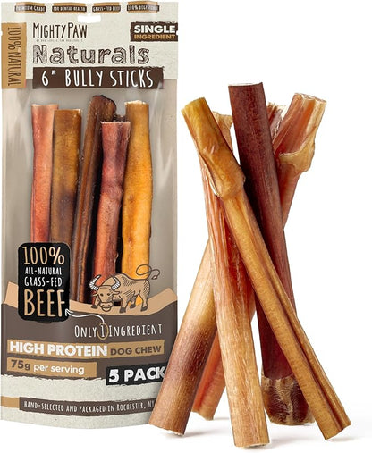 Mighty Paw Naturals Bully Sticks for Small & Medium Dogs - Grass Fed Beef Chews. Bully Sticks for Large Dogs. Lower Odor Stick Treat. Single Ingredient (6" - 5 Pack)