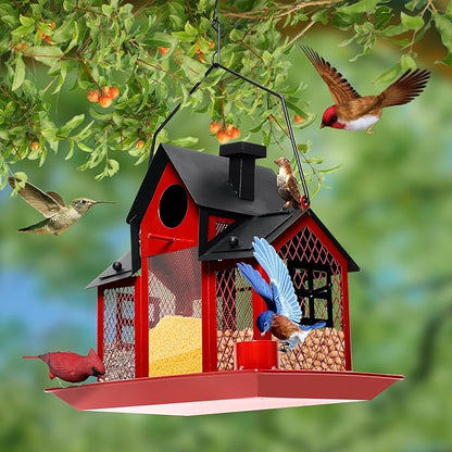 Solar Bird Feeders House for Outdoors Hanging, 7LBS Large Capacity Metal Wild Bird Feeder Squirrel Proof for Outside with Water Cup, Cardinal Birdfeeder Birdhouses Gift for Bird Lovers (Red)