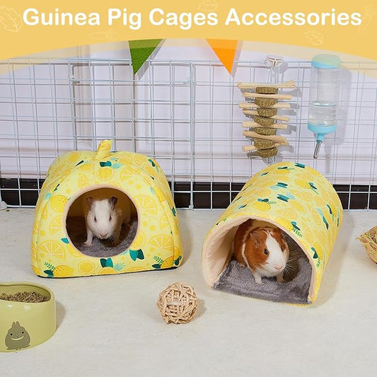 Bienbee Guinea Pig Hideout, Washable Rabbit Bed with Guinea Pig Tunnel, 2 Pack Guinea Pigs Toys Set Bunny Hideout Cage Accessories for Hamster Ferret Rabbits Bunny,Yellow Lemon