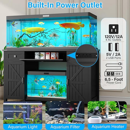Farmhouse 55-75 Gallon Fish Tank Stand with Power Outlet, Aquarium Stand with 2 Drawers and Adjustable Shelves, Heavy Duty Reptile Tank Stand for 2 Fish Tank/Turtle Tank/Reptile Terrarium