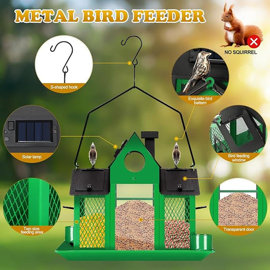 Solar Bird Feeders House for Outside Hanging, Metal Wild Bird Feeder for Outdoors Large Capacity Cardinal Birdfeeder Birdhouses Metal Bird Feeding Station Green
