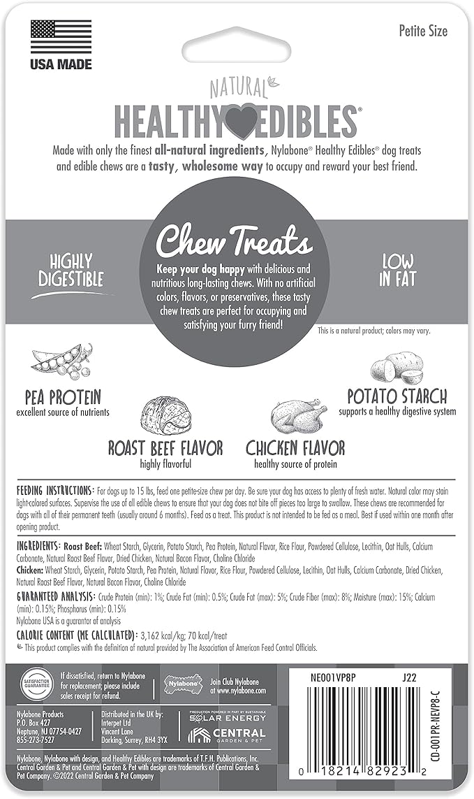 Nylabone Healthy Edibles Natural Dog Chews Long Lasting Chew Treats for Dogs, Roast Beef & Chicken Flavor, X-Small/Petite (8 Count)