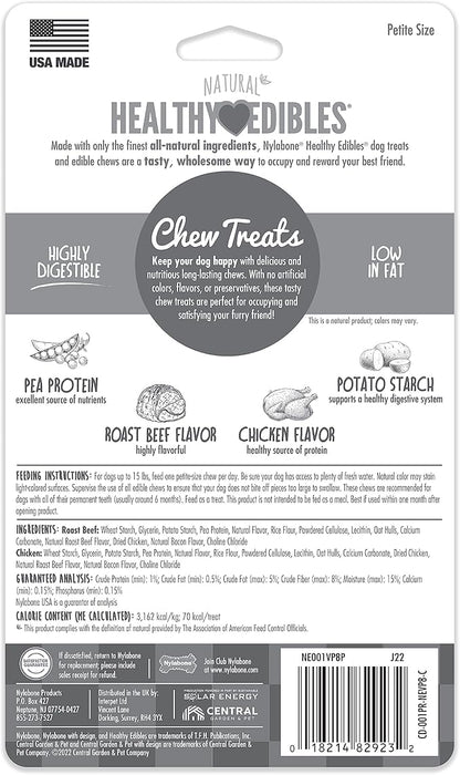 Nylabone Healthy Edibles Natural Dog Chews Long Lasting Chew Treats for Dogs, Roast Beef & Chicken Flavor, X-Small/Petite (8 Count)