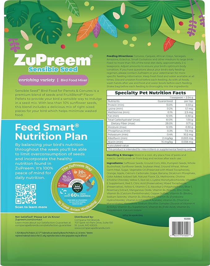 ZuPreem Sensible Seed Bird Food, Parrot, Conure, Caique, African Grey, Eclectus, Small Cockatoo, Seed and Pellet Blend for Medium Large Birds (ML, 2 lbs)
