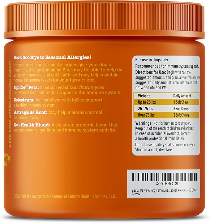 Zesty Paws Dog Allergy Relief- Dog Itching Skin Relief- Dog Probiotics for Itchy Skin and Itchy Ears- Dog Allergy Paw Relief- Dog Allergy Chews- Dog Itch Relief - Dog Skin Allergy Relief - Lamb - 90ct
