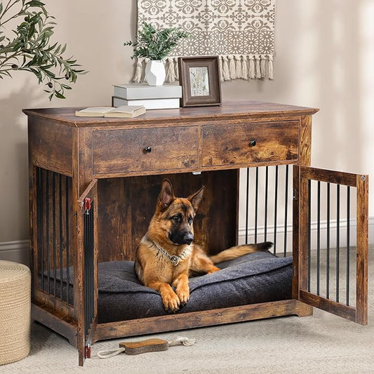 LEMBERI 44 Inch Large Dog Crate Furniture, Wooden Dog Kennel End Table with Storage Drawers, Decorative Pet Cage Dog House Indoor for Dogs, Brown