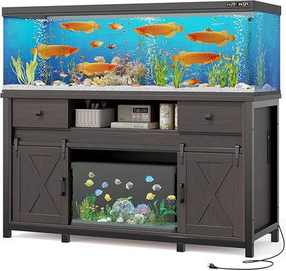 Miereirl 75-120 Gallon Fish Tank Stand with Power Outlet – Heavy Duty Aquarium Stand, Rustic Farmhouse Style, 1000 lb Capacity, Adjustable Storage & Sliding Barn Doors, Dark Brown