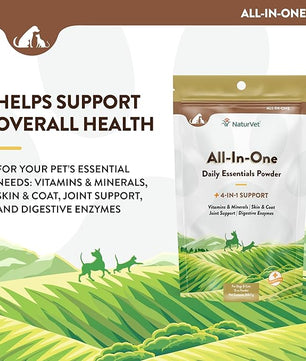 NaturVet All-in-One Dog Supplement - for Joint Support, Digestion, Skin, Coat Care – Dog Multivitamins with Minerals, Omega-3, 6, 9 – Wheat-Free Vitamins for Dogs – 13-Ounce Powder