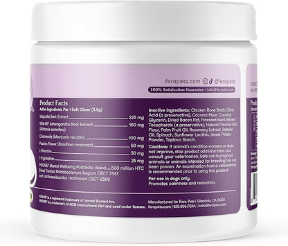 Fera Pets Dog Calming Chews - Anxiety Relief Support - Promotes Relaxation - Ashwagandha & Priome® Mental Wellbeing Postbiotic Blend - 90 Soft Chews