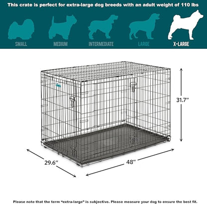 MidWest Homes for Pets 48-Inch Two-Door iCrate Folding Dog Crate with Divider Panel, Leak-Proof Tray & Secure Latches – Metal Wire Kennel for XL Breeds – Portable, Durable & Easy to Assemble