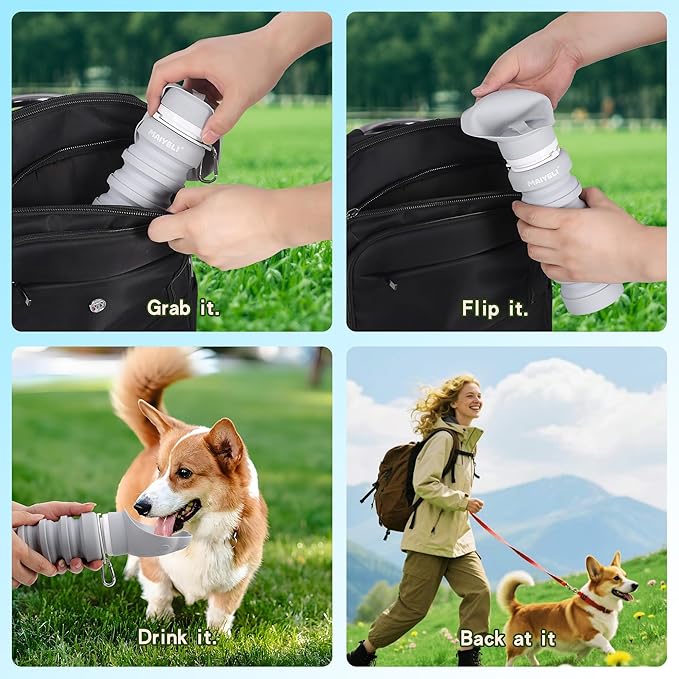 Dog Water Bottle Collapsible & Portable Squeeze, 9oz-17oz Water Dispenser & Folding Bowl,5 Levels Capacity in 1,Carabiner Clip,100% Food-Grade Silicone, Outdoor Walking,Hiking,Travel