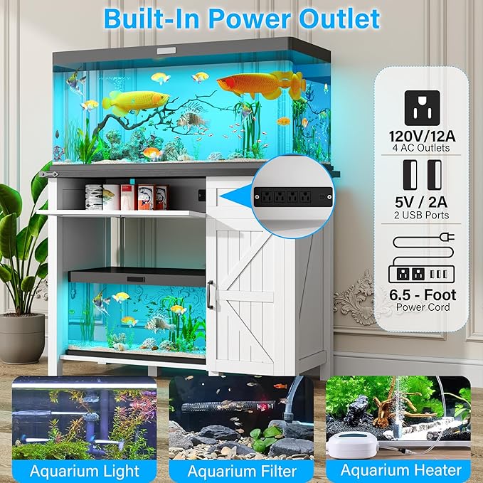 40 Gallon Fish Tank Stand with Power Outlets, Farmhouse Decorative Aquarium Stand Furniture with Adjustable Shelves and Drawer, Reptile Turtle Tank Stand with Cabinet Storage (White, 30-40GL)