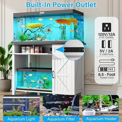 40 Gallon Fish Tank Stand with Power Outlets, Farmhouse Decorative Aquarium Stand Furniture with Adjustable Shelves and Drawer, Reptile Turtle Tank Stand with Cabinet Storage (White, 30-40GL)