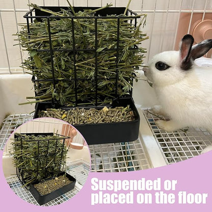 Rabbit Hay Feeder Guinea Pig Hay Feeder, Hay and Food Holder with Hook Heavy-Duty Metal Frame Hay Rack，for Bunny, Guinea Pigs,Chinchillas， Comes with Two Multifunctional Zippers-6.8x6.7x6.6inch