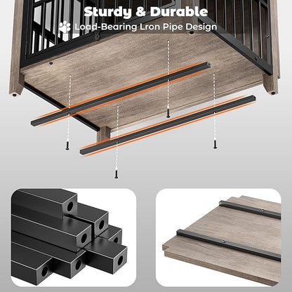 Lulive Dog Crate Furniture, Wooden Dog Kennel Indoor with Adjustable 360°& Height Dog Bowls, Double Doors Furniture Dog Crates End Table for Small/Medium 31.5" L*22.5" W*25.6" H, Grey
