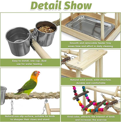 PINVNBY Bird Playground Parrot Perch Stand Play Gym Cockatiel Wood Bird Toys Birds Cage Accessories Playpen Ladder with Feeder Cups Hanging Swing Toys for Parakeet Conure Lovebird Cockatiel