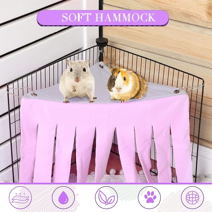 Shappy 2 Pcs Guinea Pig Hideout Hideaway Corner Fleece Toys Cage Accessories Cute Ferret Hammock for Ferrets Chinchillas Hedgehogs Small Pets(Grey with Pink, Grey with Purple, Heart-Shape)