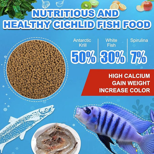 Cichlid Fish Food - High Protein Sinking Pellets for Large Cichlids,Tropical FishNatural Color Enhancer,Growth Support & Cleaner Water (10oz)