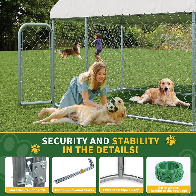 LotFun Large Outdoor Dog Kennel, 10 x 10 FT Heavy Duty Dog Enclosure with Chain Link Fence, UV-Resistant Canopy Cover, Double Lock Security (6 x 6 x 5 in)