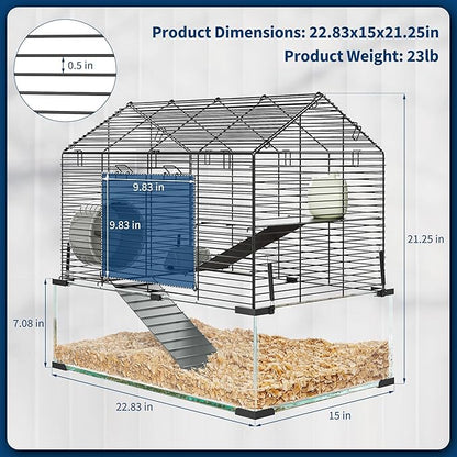 Large Hamster Cage with 7" Deep Tempered Glass Bottom, 3 Tiers Big Hamster Tank with Running Wheel, Hut, Water Bottle, Dish, Rat Cages for Syrian, Dwarf, Gerbils, Mouse, 22.83" x 15" x 21.25"