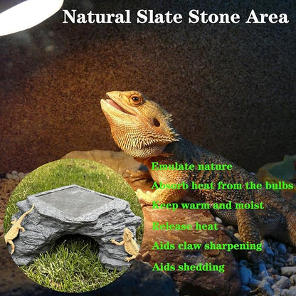 Large Bearded Dragon Basking Platform, Lizard, Snake or Reptile Hide with Heat Storage Slate Stone, 13x12x5 Inch Oversized Gecko Hide Cave
