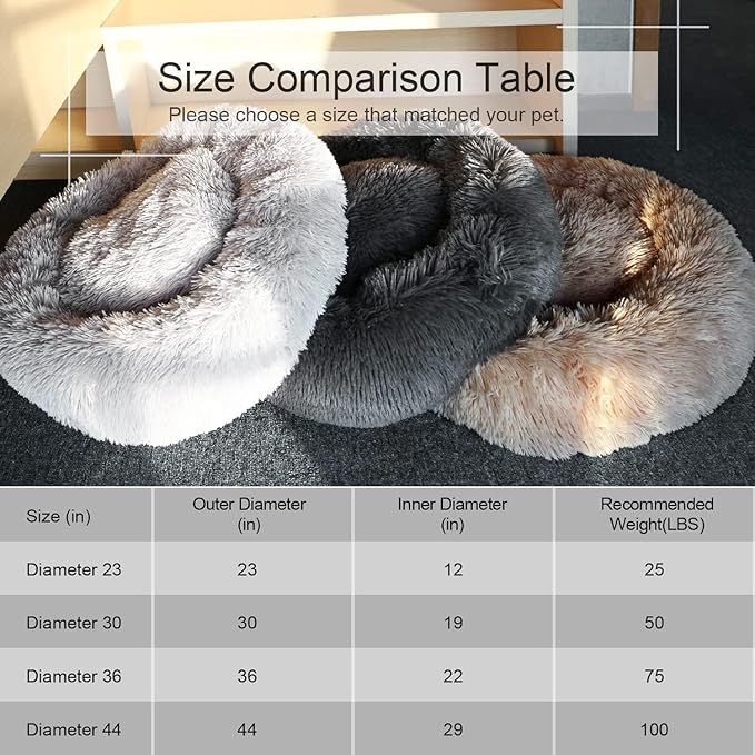 Dog Bed, Cat Calming Bed, Faux Fur Pillow Pet Donut Cuddler Round Plush Bed for Large Medium Small Dogs and Cats (Dark Grey, 44.0" L x 44.0" W x 7.0" Th)