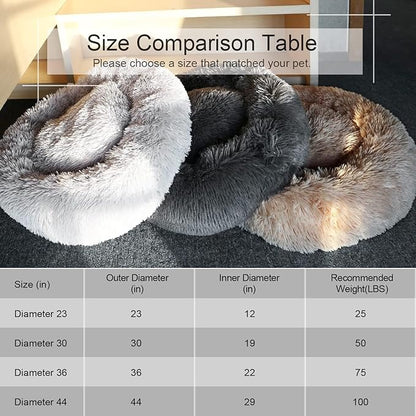 Dog Bed, Cat Calming Bed, Faux Fur Pillow Pet Donut Cuddler Round Plush Bed for Large Medium Small Dogs and Cats (Dark Grey, 44.0" L x 44.0" W x 7.0" Th)