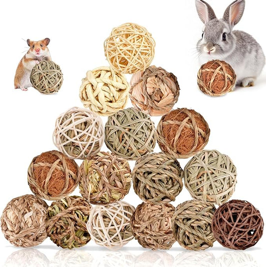Sofier Rabbit & Guinea Pig Toys 16 Pcs Chew Grass Balls Natural Chews for Rodents - Handmade Enrichment Treats for Chinchillas, Guinea Pigs