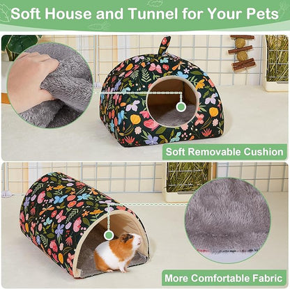 Bienbee Guinea Pig Hideout, Washable Rabbit Bed with Guinea Pig Tunnel, 2 Pack Guinea Pigs Toys Set Bunny Hideout Cage Accessories for Hamster Ferret Rabbits Bunny, Green Flowers