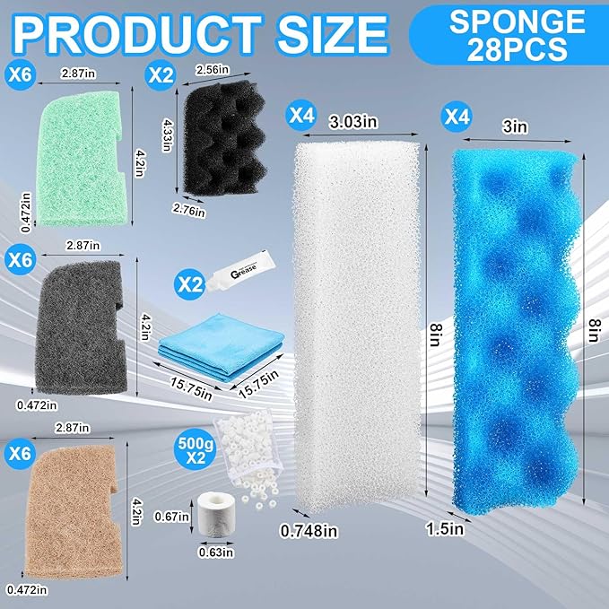 32 Pcs Filter Media Compatible with 306/307 Filters, Aquarium Replacement Maintenance Kit Including Biological Sponge, Ammonia/Phosphate/Nitrite Remover Pad, Aquarium Towel, Grease