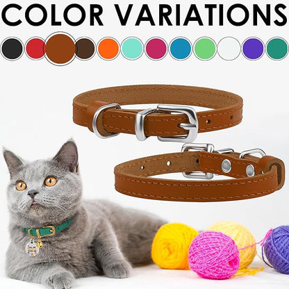 BRONZEDOG Leather Cat Collar with Removable Bells Non Breakaway Kitten QR Tag for Girl Boy (9" - 12" Cats/Mini Dogs, Light Brown & Silver)