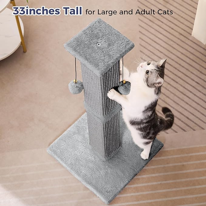 Large Cat Scratching Post with Heavy Duty Base 33" Sturdy Square Sisal Scracher Post and 2 Interactive Hanging Balls for Big Cats-Grey