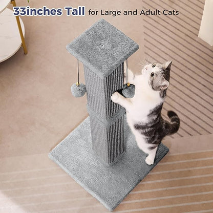 Large Cat Scratching Post with Heavy Duty Base 33" Sturdy Square Sisal Scracher Post and 2 Interactive Hanging Balls for Big Cats-Grey