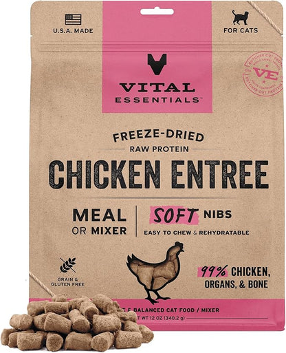 Vital Essentials Freeze-Dried Raw Chicken Meal or Mixer Cat Food Soft Nibs | 99% Chicken, Organs & Bone | 12 oz