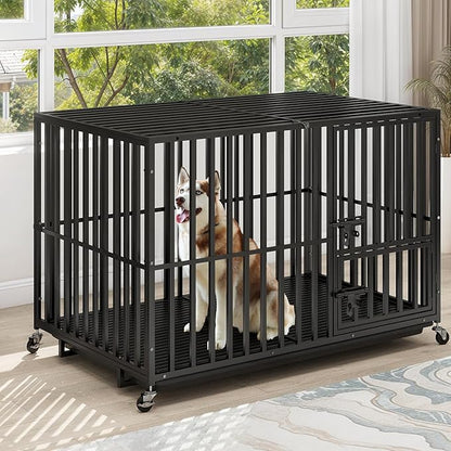 DWVO Heavy Duty Dog Crate, 47 Inch Escape-Proof Dog Cage Indoor Kennel for Medium Large Dogs with Lockable Wheels, 3-Door Design, High Anxiety Dogs Crate with Removable Trays