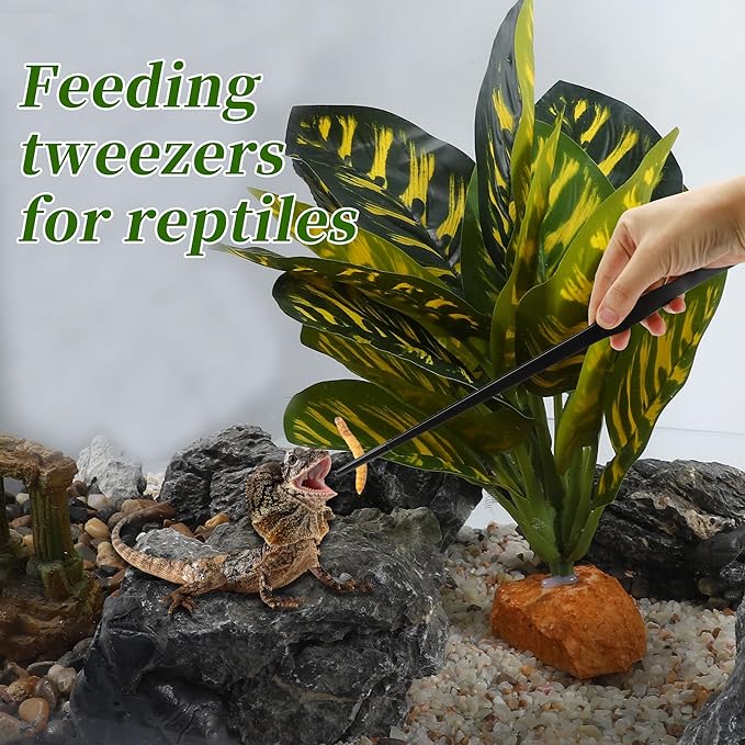 Reptile Feeding Tongs, Stainless Steel Lizard Feeding Tongs, Aquarium Straight Feeding Tweezers for Reptiles with Rubber Tip, Terrarium Feeding Tong for Gecko, 14.96" Length, Black